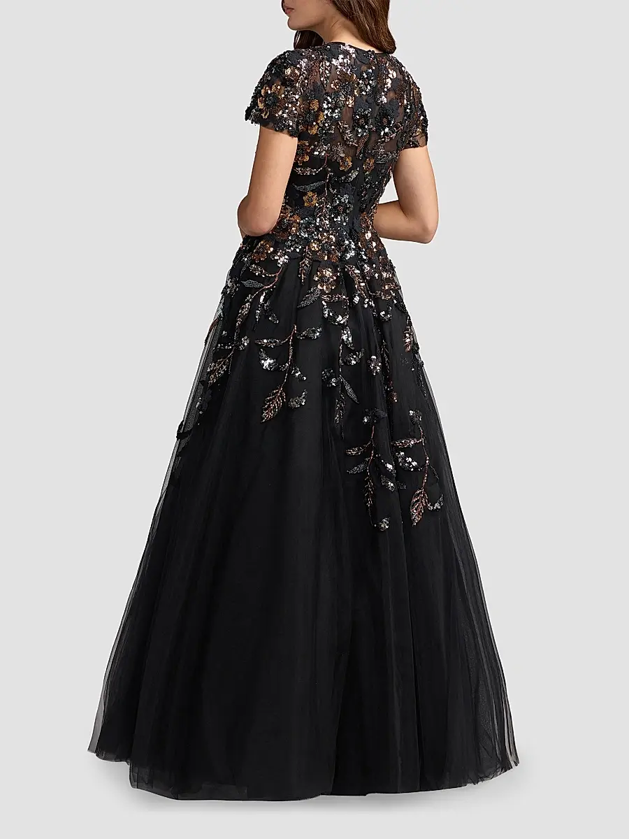 Mac Duggal Women's Floral Mesh Short-Sleeve Gown | Thumbnail 2 Mac Duggal Women's Floral Mesh Short-Sleeve Gown | Thumbnail 2