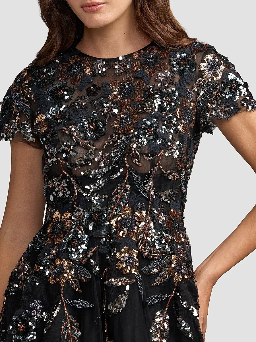 Mac Duggal Women's Floral Mesh Short-Sleeve Gown | Thumbnail 3 Mac Duggal Women's Floral Mesh Short-Sleeve Gown | Thumbnail 3