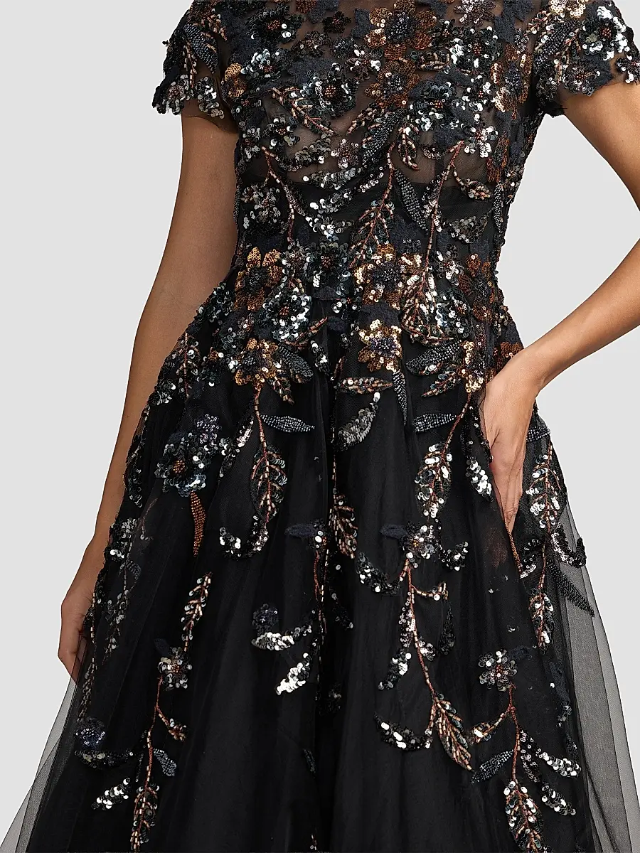 Mac Duggal Women's Floral Mesh Short-Sleeve Gown | Thumbnail 4 Mac Duggal Women's Floral Mesh Short-Sleeve Gown | Thumbnail 4