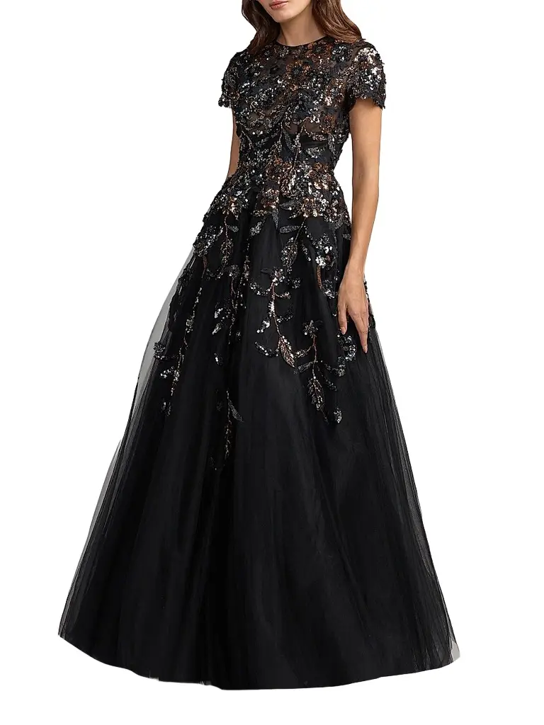 Mac Duggal Women's Floral Mesh Short-Sleeve Gown