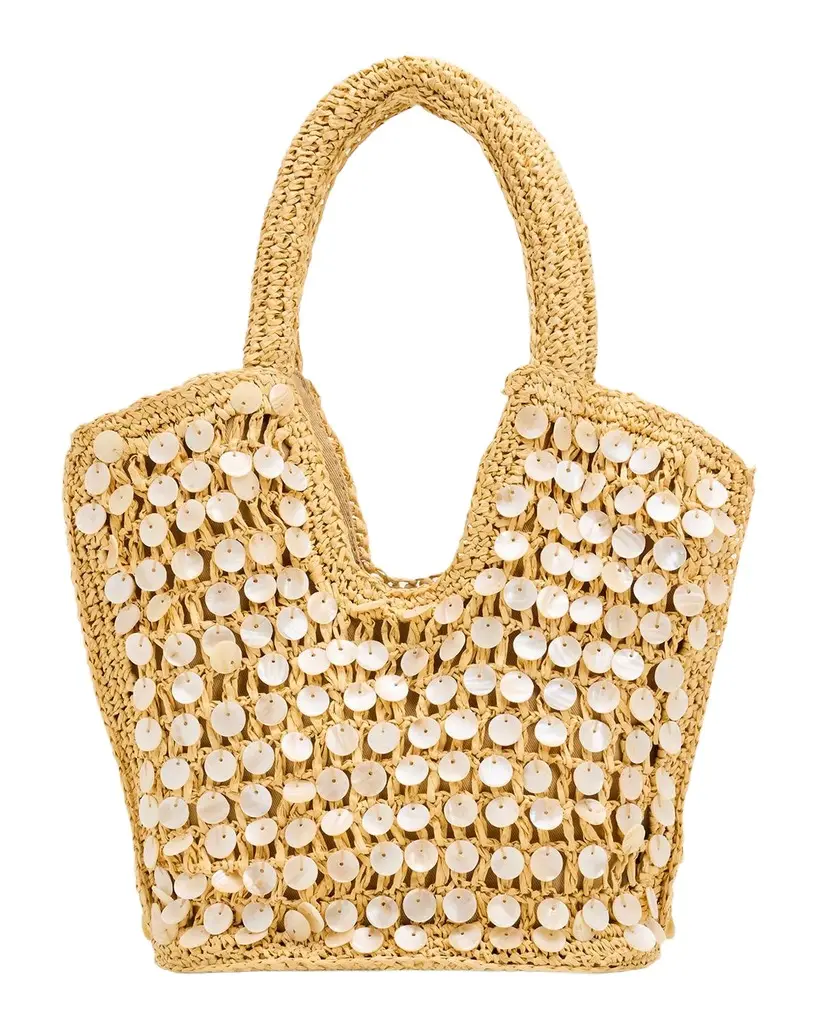 BTB Los Angeles Santiago Faux Shell-Embellished Raffia Tote Bag | Image 1 BTB Los Angeles Santiago Faux Shell-Embellished Raffia Tote Bag | Image 1