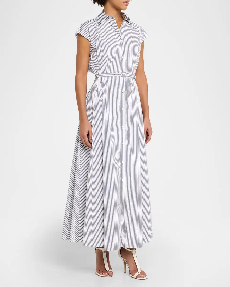 Adam Lippes Palmer Striped Cap-Sleeve Belted Maxi Shirtdress | Thumbnail 4