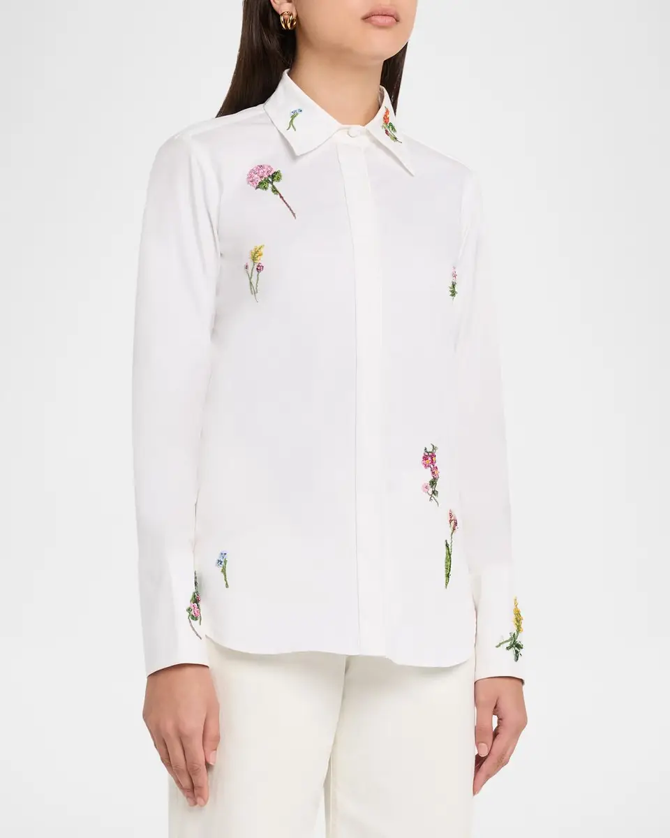 Oscar de la Renta Botanical Embroidered Cotton Poplin Button-Down Shirt | Thumbnail 4 Oscar de la Renta Botanical Embroidered Cotton Poplin Button-Down Shirt | Thumbnail 4