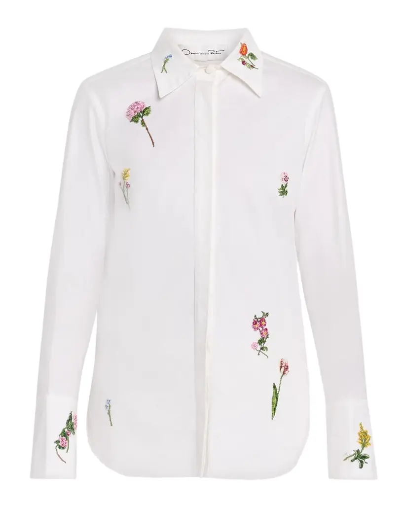 Oscar de la Renta Botanical Embroidered Cotton Poplin Button-Down Shirt | Image 1 Oscar de la Renta Botanical Embroidered Cotton Poplin Button-Down Shirt | Image 1