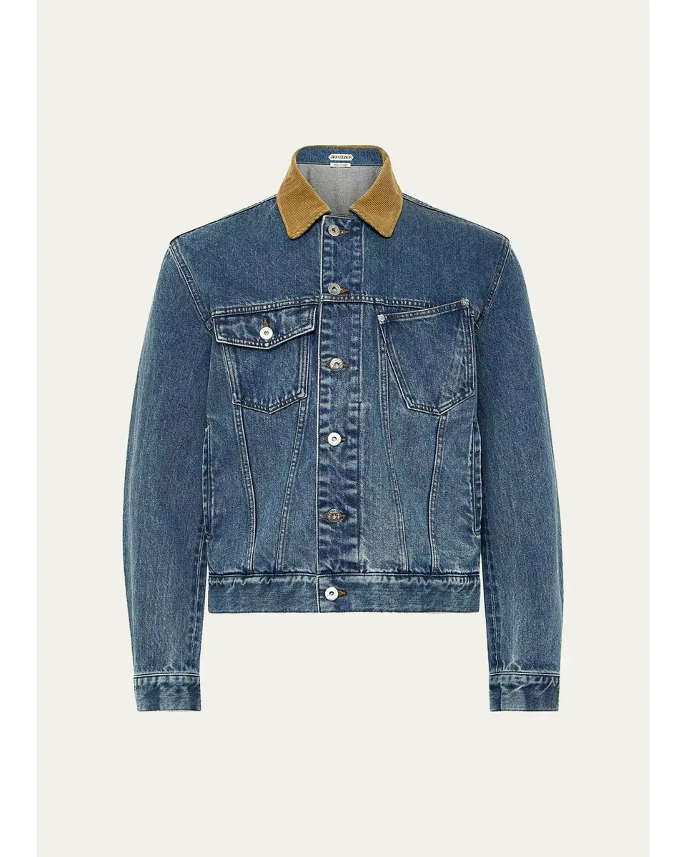 JW Anderson Mens Corduroy-Collar Twisted Pocket Denim Jacket | Image 1 JW Anderson Mens Corduroy-Collar Twisted Pocket Denim Jacket | Image 1