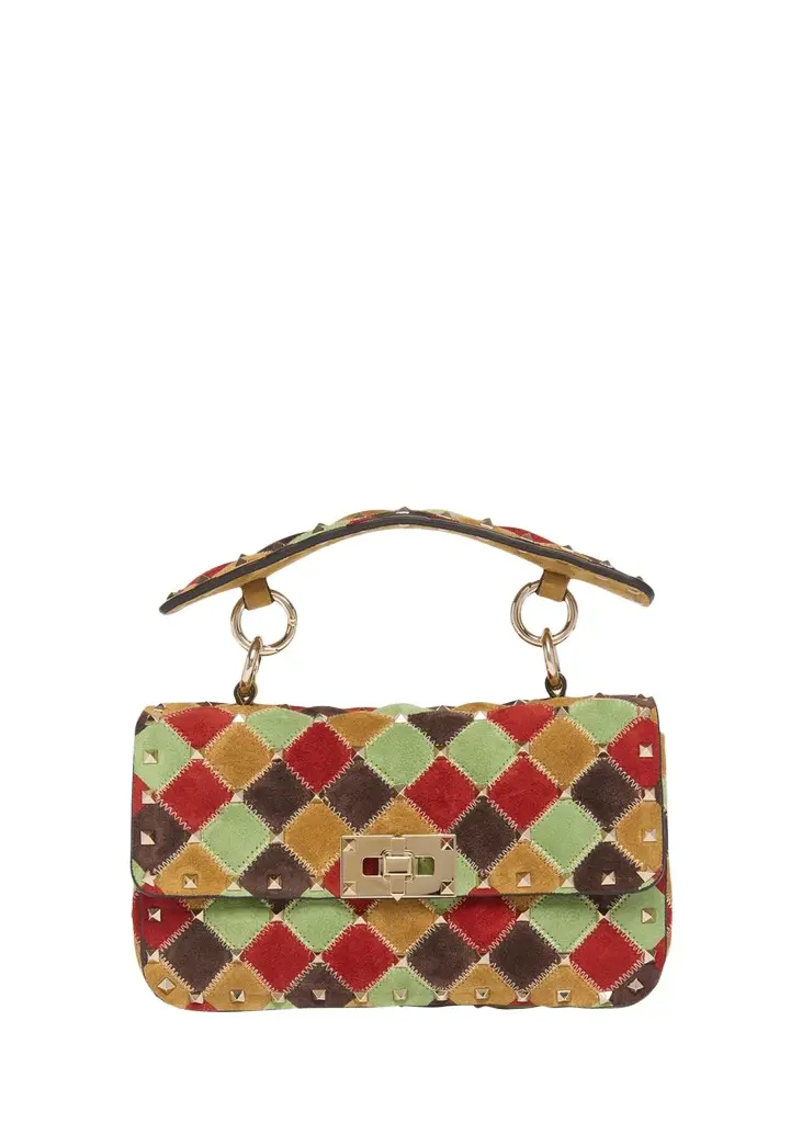 Valentino Garavani Small Rockstud Patchwork Suede Shoulder Bag