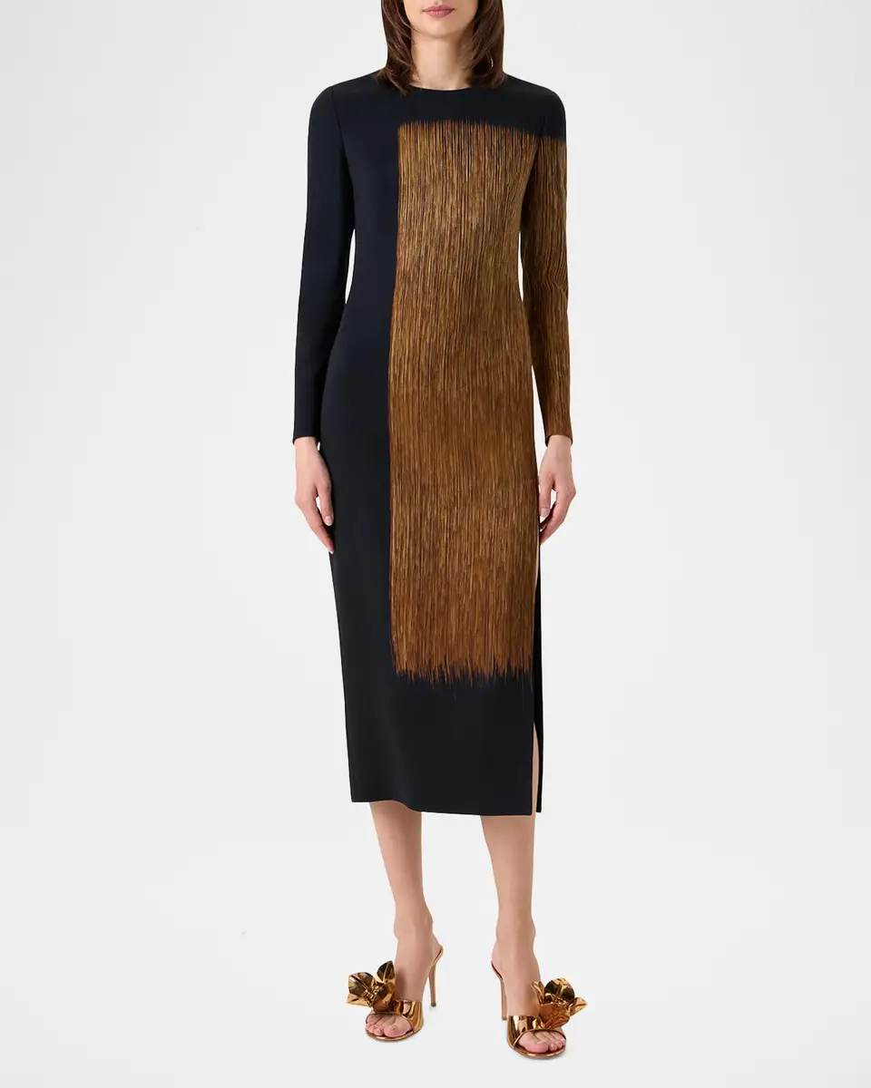 Akris Oro Lienzo Print Wool Crepe Long-Sleeve Midi Dress | Thumbnail 2 Akris Oro Lienzo Print Wool Crepe Long-Sleeve Midi Dress | Thumbnail 2