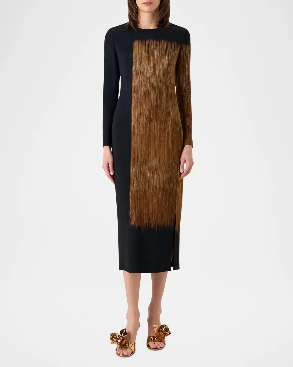 Akris Oro Lienzo Print Wool Crepe Long-Sleeve Midi Dress | Thumbnail 4 Akris Oro Lienzo Print Wool Crepe Long-Sleeve Midi Dress | Thumbnail 4