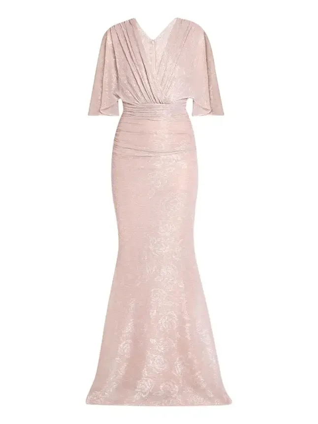 Floral Metallic Draped V-Neck Gown