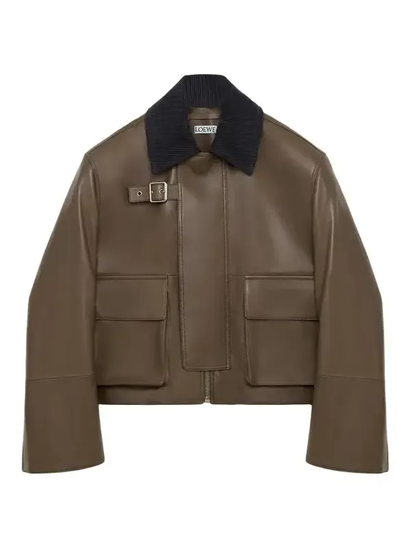 Corduroy-Collar Leather Utility Jacket