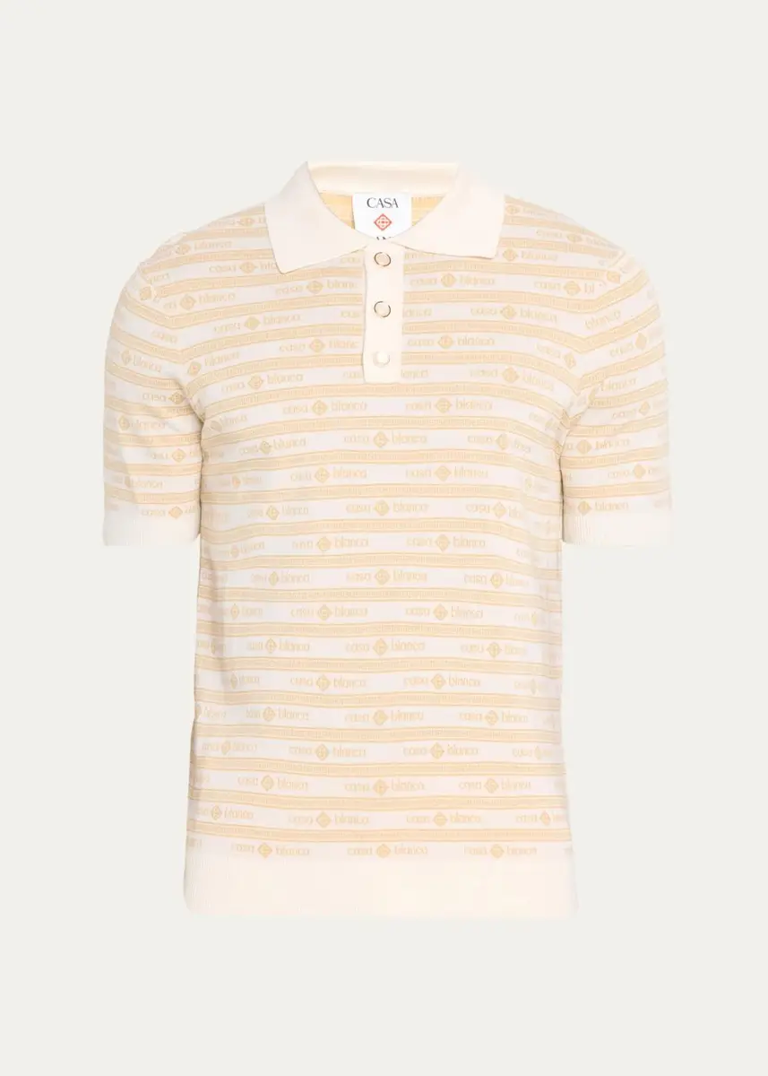 Casablanca Men's Wool Monogram Stripe Knit Polo Shirt | Thumbnail 2 Casablanca Men's Wool Monogram Stripe Knit Polo Shirt | Thumbnail 2