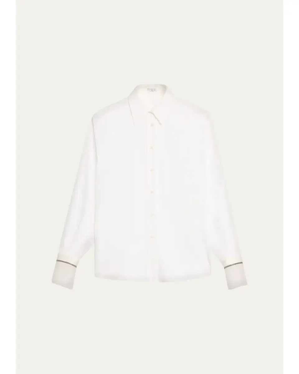 Brunello Cucinelli Monili Sheer-Cuff Cotton Button-Down Shirt