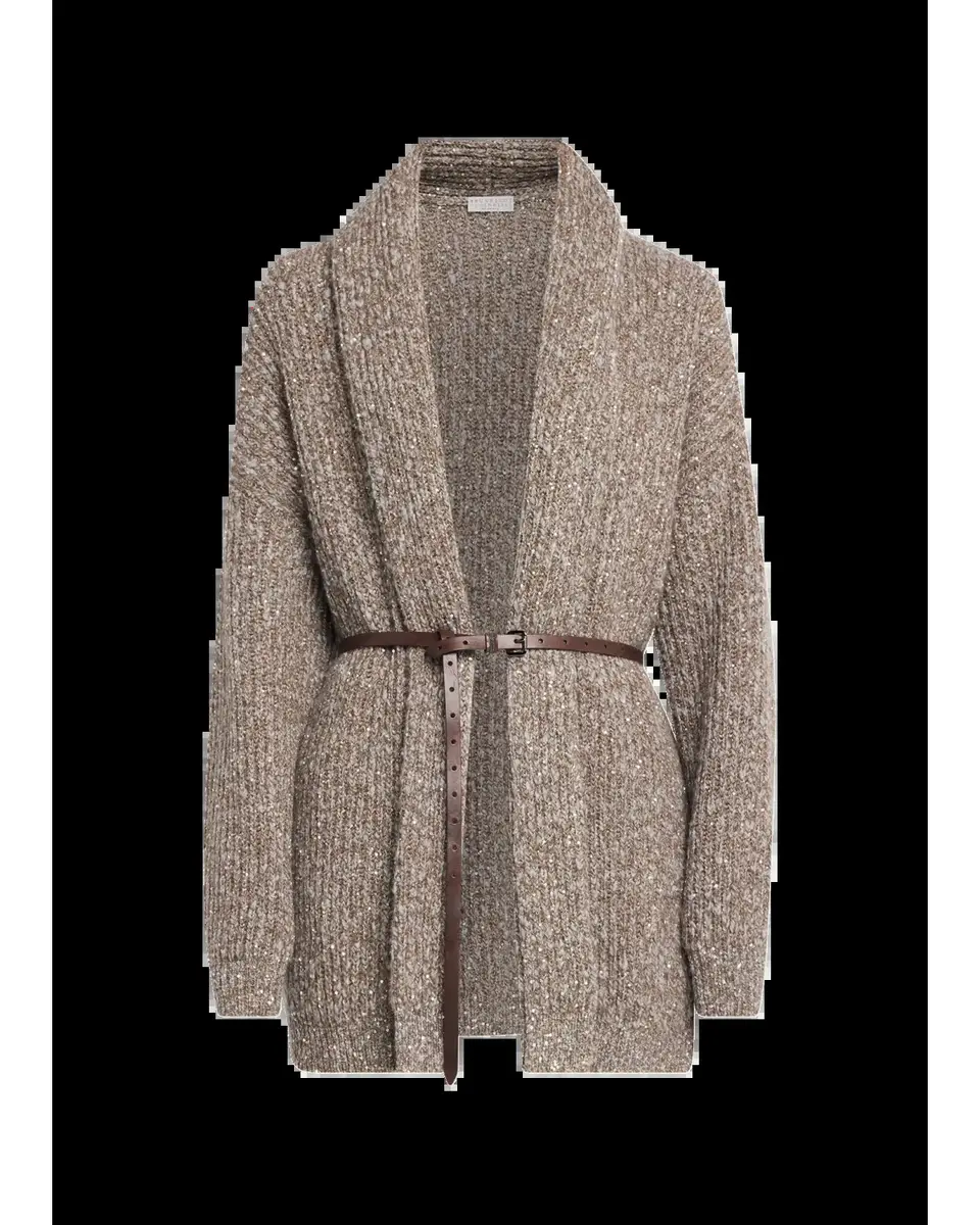Brunello Cucinelli Micro Paillette Wool Knit Shawl-Collar Cardigan | Thumbnail 2