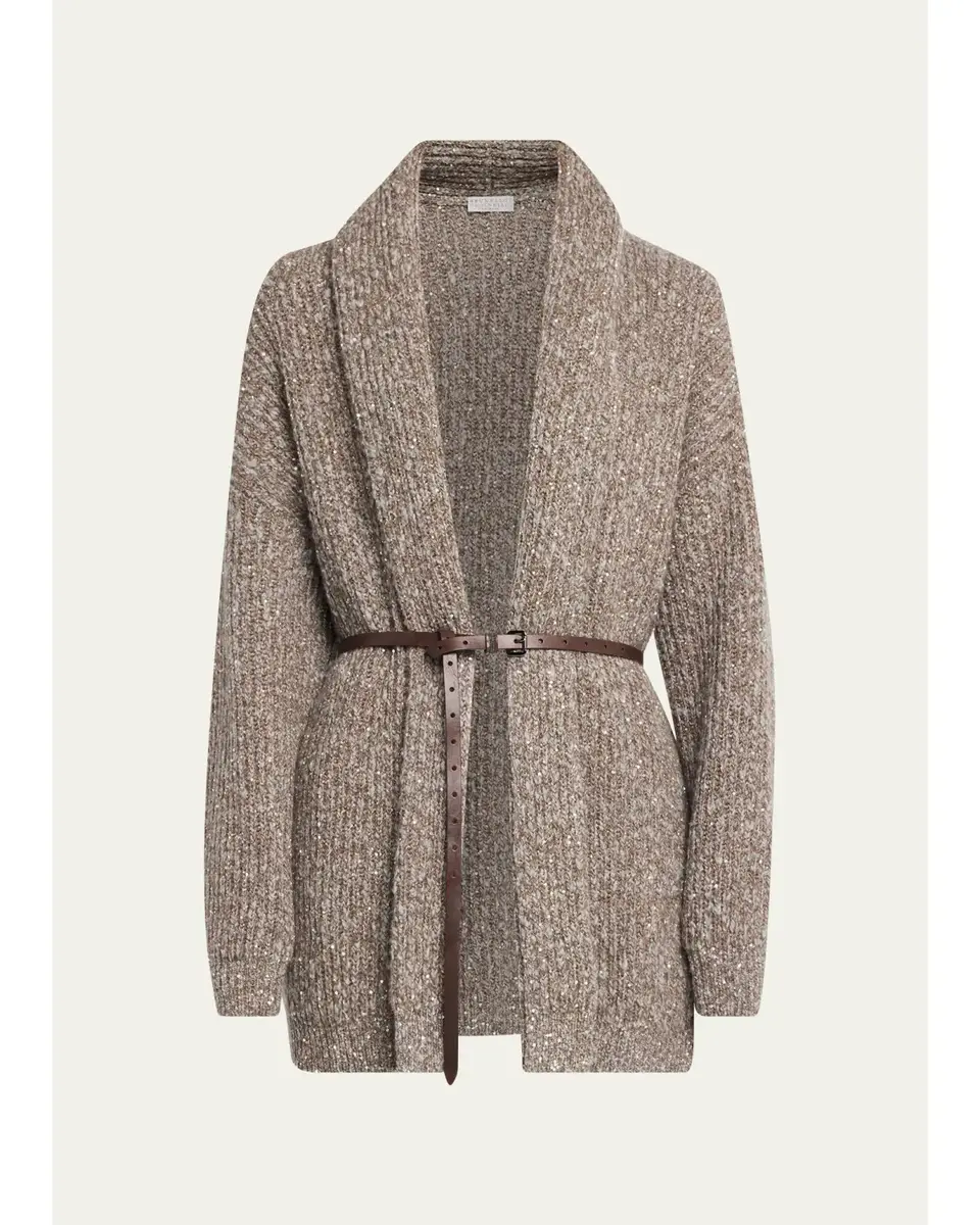Brunello Cucinelli Micro Paillette Wool Knit Shawl-Collar Cardigan | Image 1 Brunello Cucinelli Micro Paillette Wool Knit Shawl-Collar Cardigan | Image 1