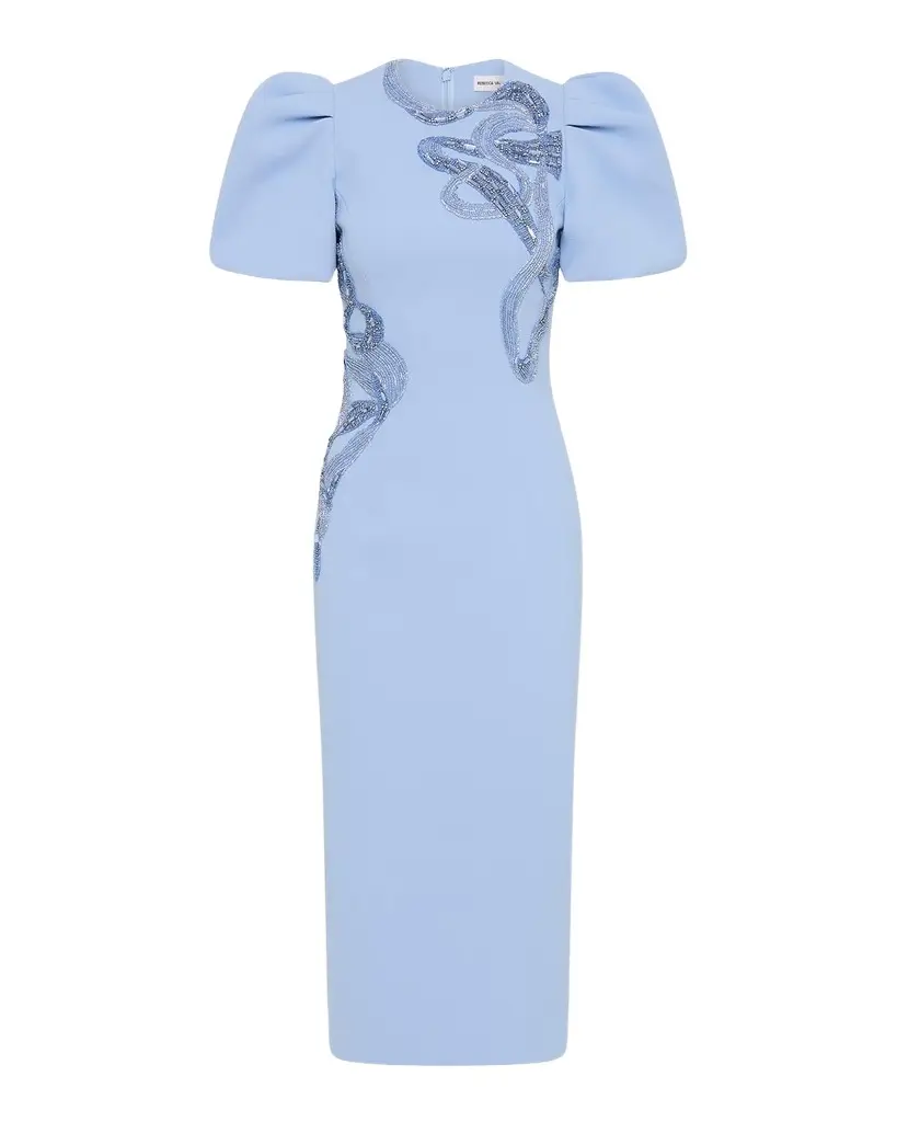 Rebecca Vallance Aylin Embroidered Puff-Sleeve Midi Dress
