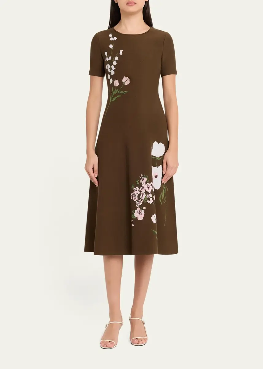 Oscar de la Renta Short-Sleeve Multi Floral Knit Midi Dress | Thumbnail 2