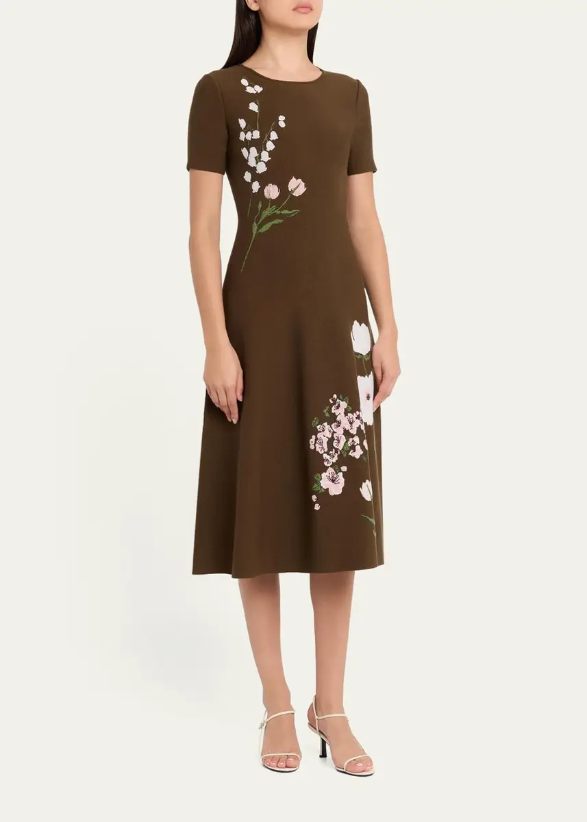 Oscar de la Renta Short-Sleeve Multi Floral Knit Midi Dress | Thumbnail 4