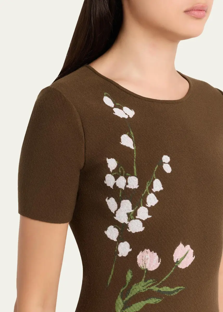 Oscar de la Renta Short-Sleeve Multi Floral Knit Midi Dress | Thumbnail 5