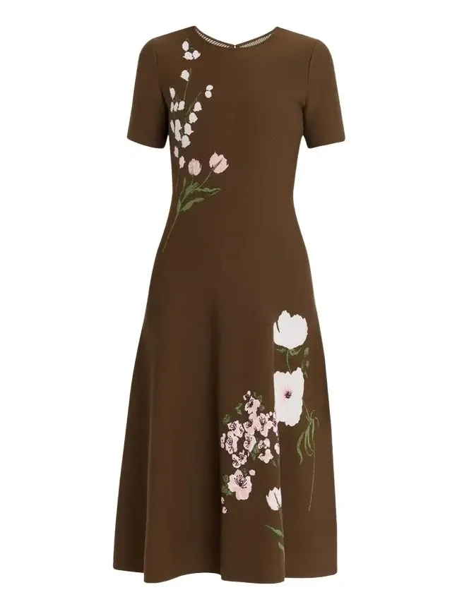 Short-Sleeve Multi Floral Knit Midi Dress