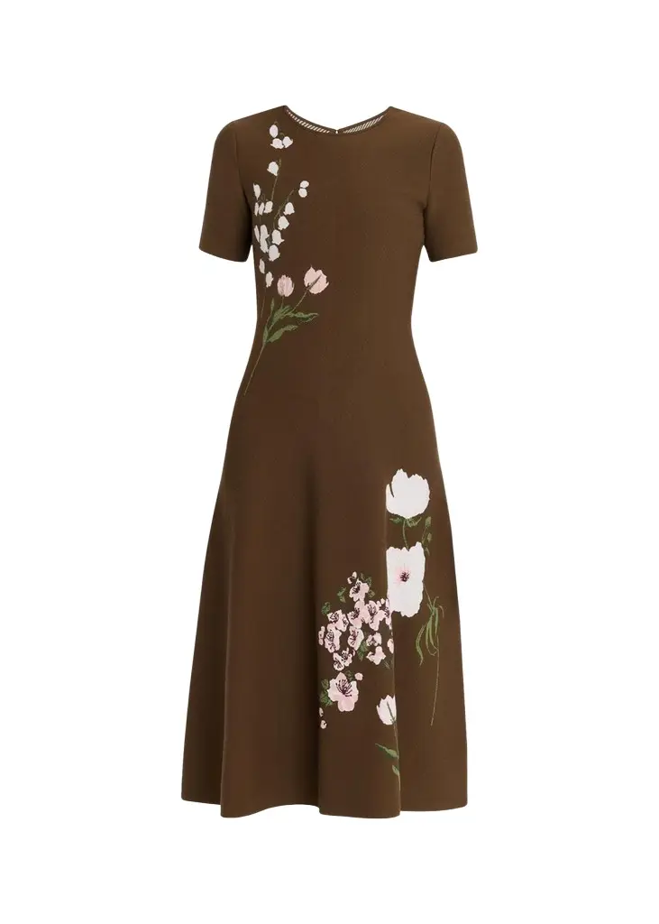 Oscar de la Renta Short-Sleeve Multi Floral Knit Midi Dress | Image 1 Oscar de la Renta Short-Sleeve Multi Floral Knit Midi Dress | Image 1