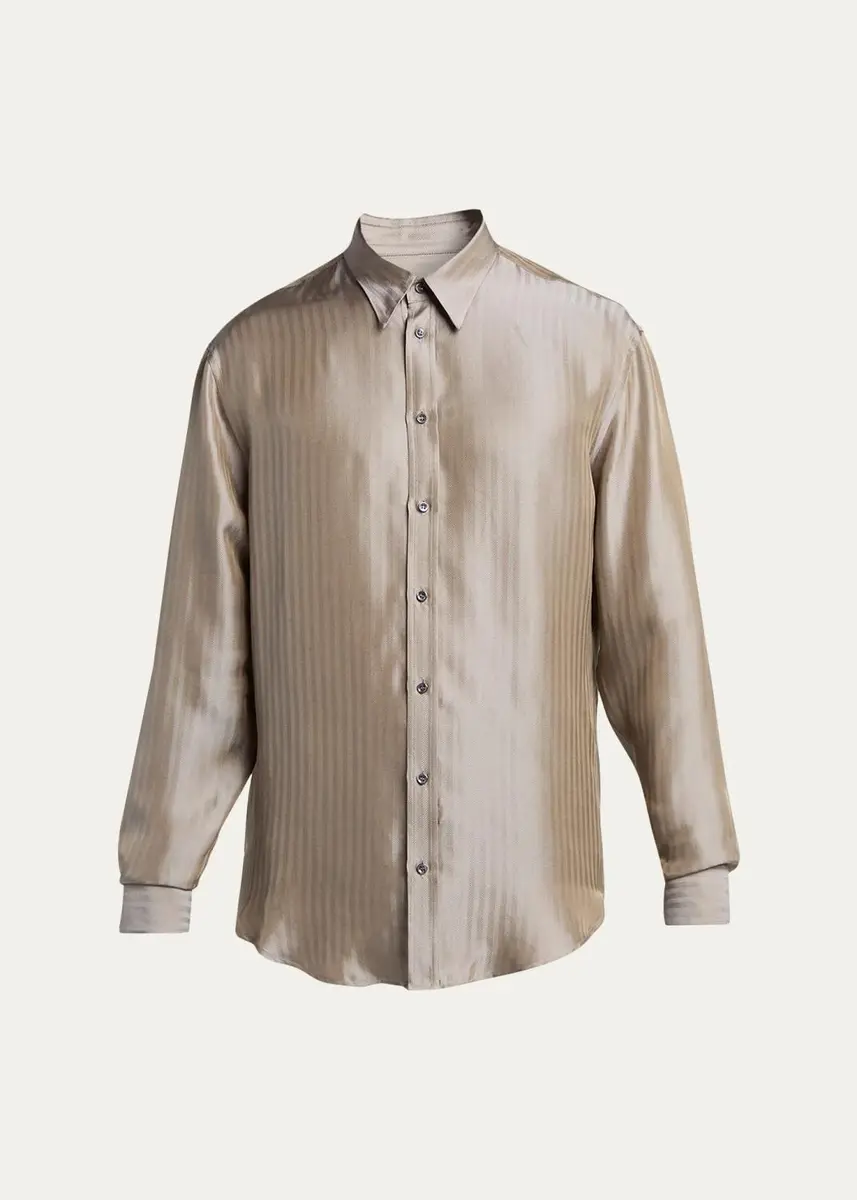 Giorgio Armani Men's Silk-Blend Micro-Chevron Button-Down Shirt | Thumbnail 2 Giorgio Armani Men's Silk-Blend Micro-Chevron Button-Down Shirt | Thumbnail 2