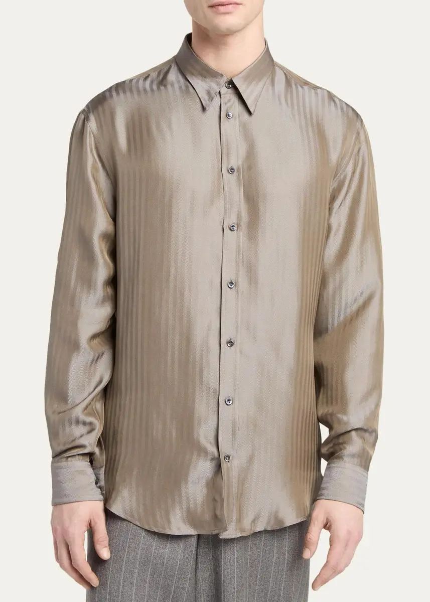 Giorgio Armani Men's Silk-Blend Micro-Chevron Button-Down Shirt | Thumbnail 5 Giorgio Armani Men's Silk-Blend Micro-Chevron Button-Down Shirt | Thumbnail 5
