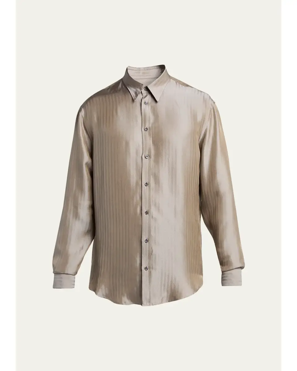 Giorgio Armani Men's Silk-Blend Micro-Chevron Button-Down Shirt | Image 1 Giorgio Armani Men's Silk-Blend Micro-Chevron Button-Down Shirt | Image 1