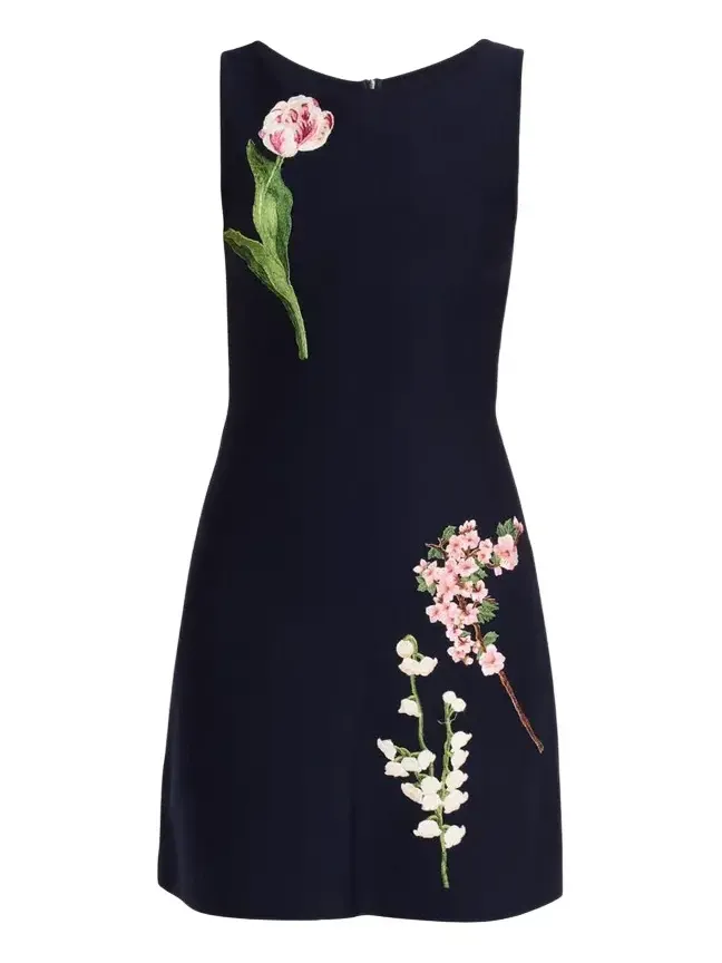 Sleeveless Floral Embroidered Wool Knit Mini Dress