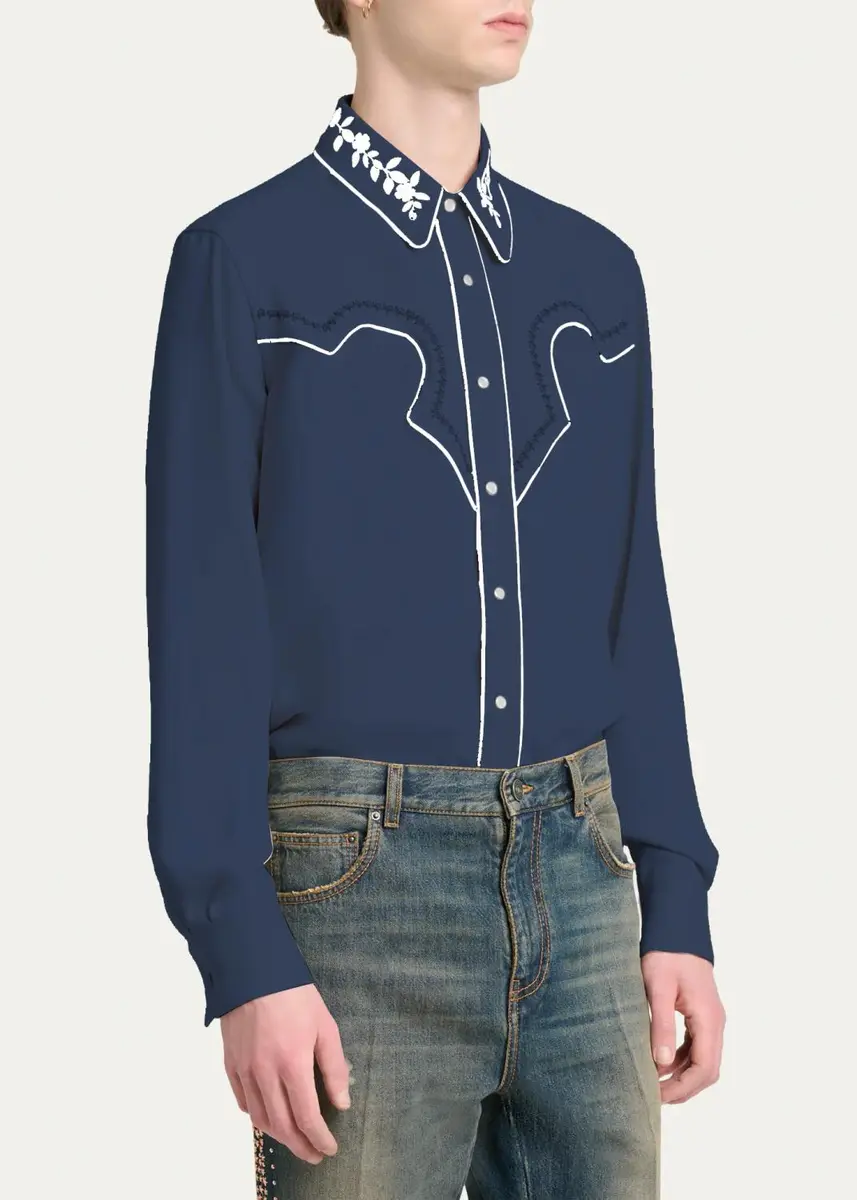 AMIRI Men's Embroidered-Trim Western Shirt | Thumbnail 5