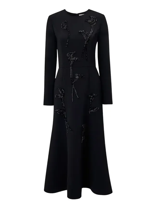 Floral Embellished Long-Sleeve Midi Trumpet Dress Floral Embellished Long-Sleeve Midi Trumpet Dress