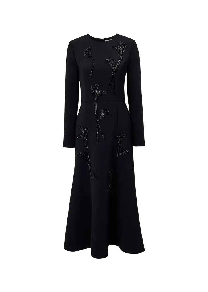Carolina Herrera Floral Embellished Long-Sleeve Midi Trumpet Dress