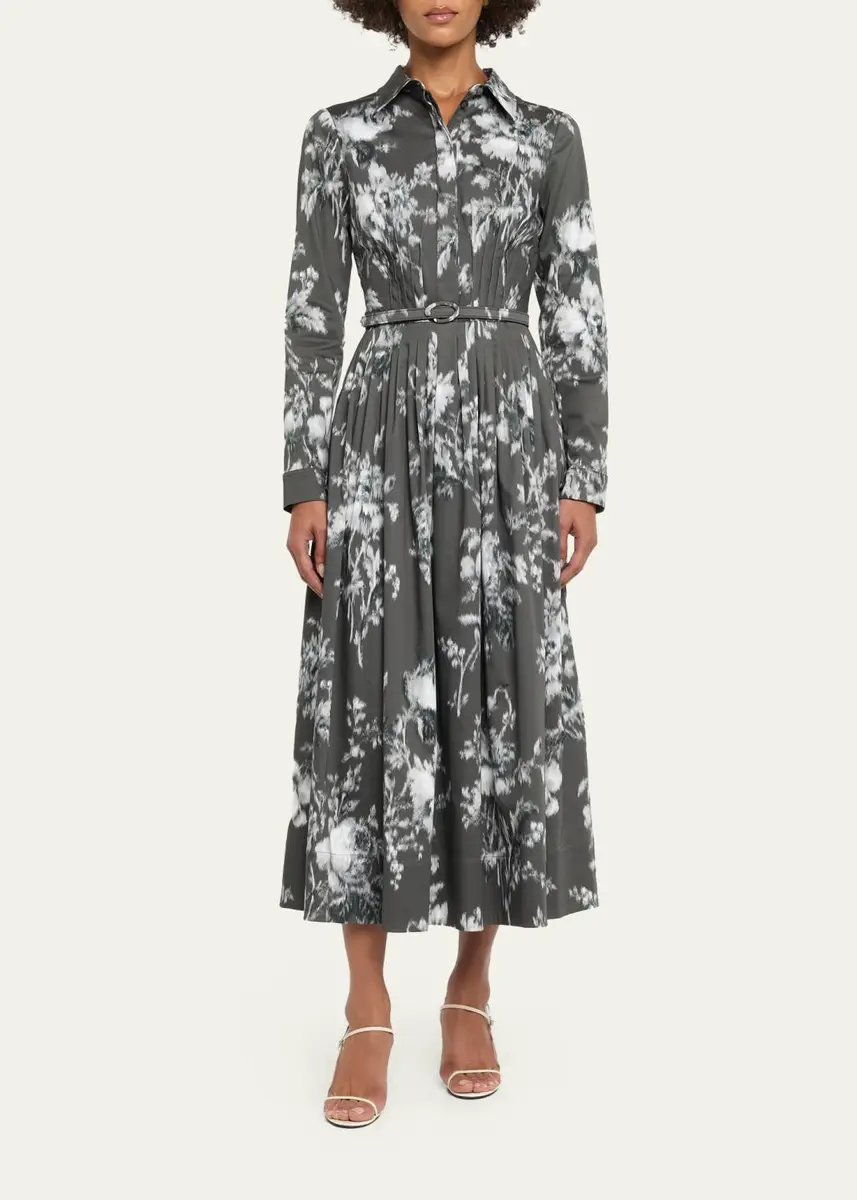 Oscar de la Renta Chine Peony Print Cotton Belted Midi Shirtdress | Thumbnail 2