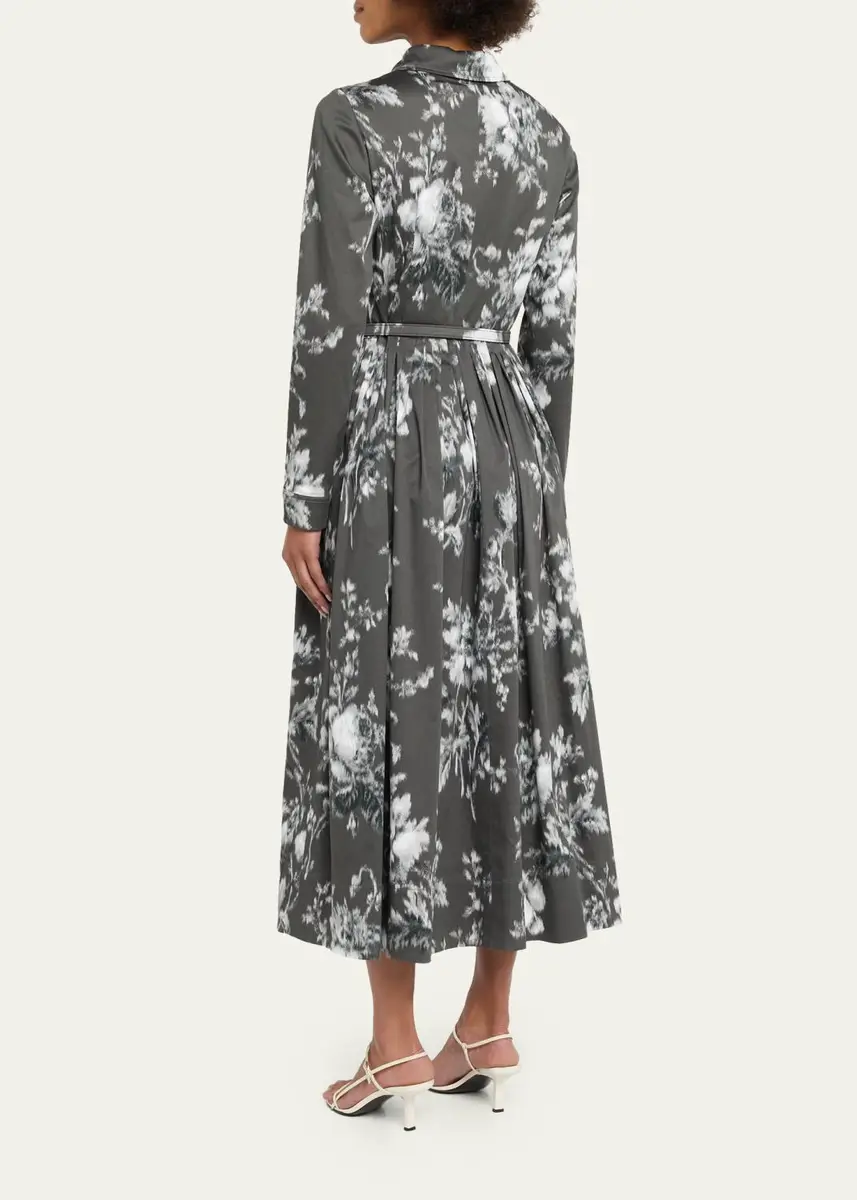 Oscar de la Renta Chine Peony Print Cotton Belted Midi Shirtdress | Thumbnail 3