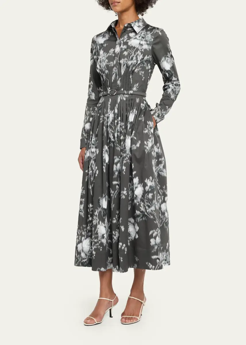 Oscar de la Renta Chine Peony Print Cotton Belted Midi Shirtdress | Thumbnail 4