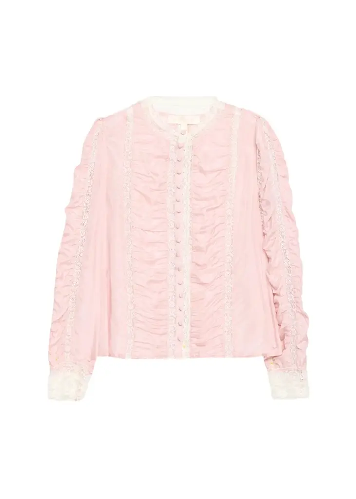 LoveShackFancy Jacque Lace-Trim Ruched Silk Top