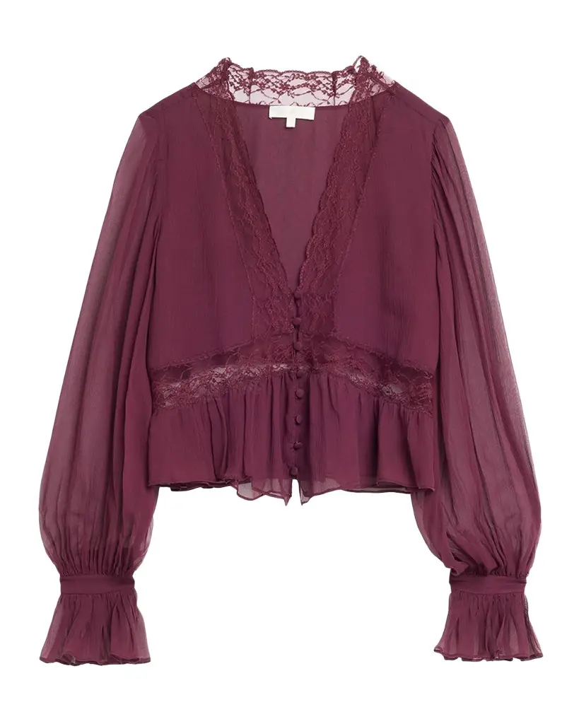 LoveShackFancy Thessira Lace-Trim Chiffon Blouse | Image 1 LoveShackFancy Thessira Lace-Trim Chiffon Blouse | Image 1
