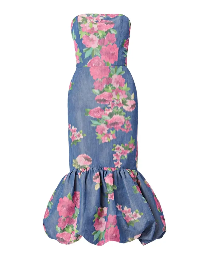Shoshanna Julieanne Strapless Floral Taffeta Mermaid Midi Dress | Image 1 Shoshanna Julieanne Strapless Floral Taffeta Mermaid Midi Dress | Image 1