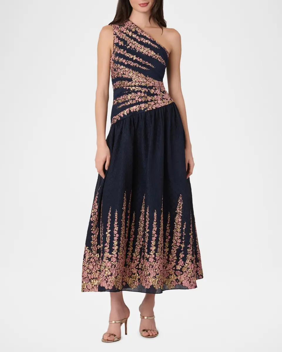 Shoshanna Henderson One-Shoulder Floral Jacquard Midi Dress | Thumbnail 2 Shoshanna Henderson One-Shoulder Floral Jacquard Midi Dress | Thumbnail 2