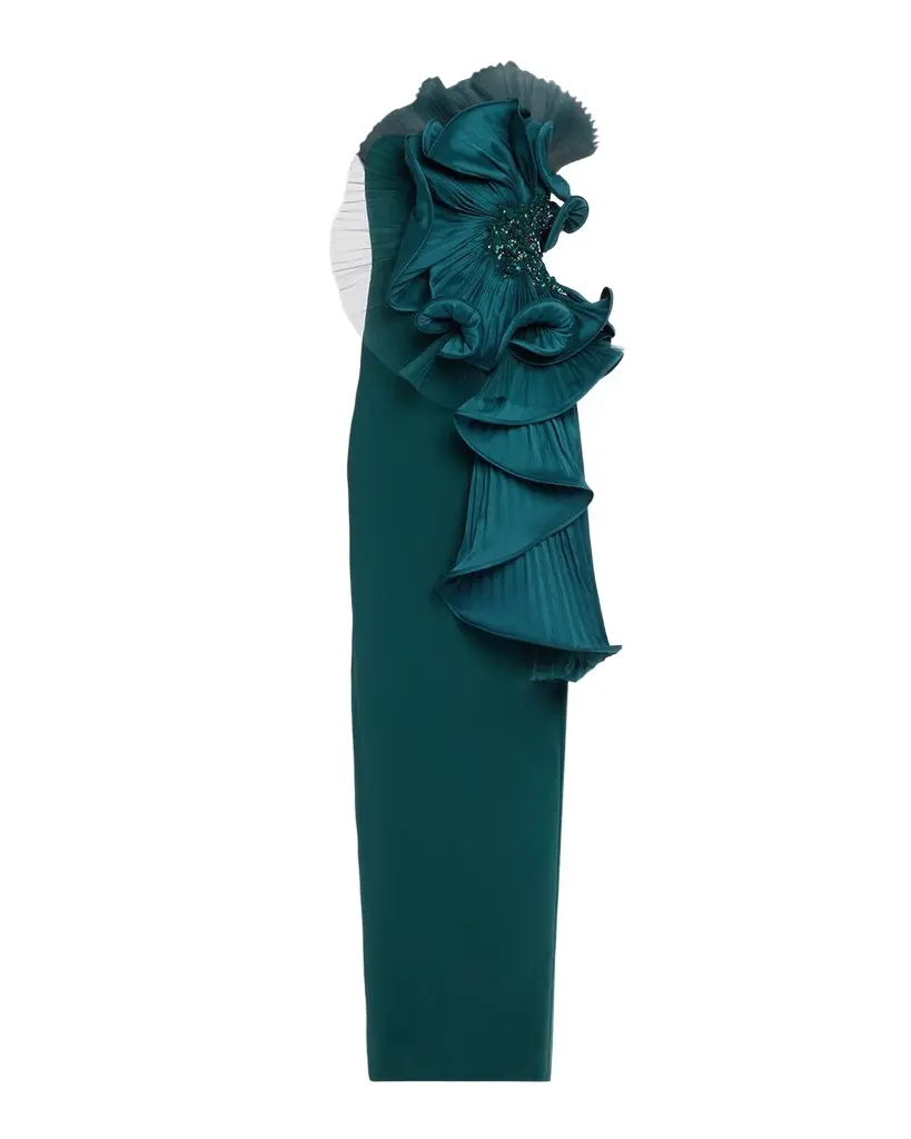 BADGLEY MISCHKA Satin Floral Strapless Column Gown