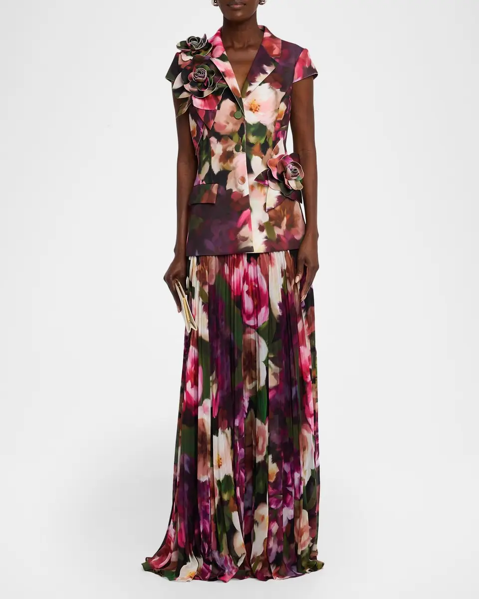 BADGLEY MISCHKA Pleated Floral Cap-Sleeve Gown | Thumbnail 2 BADGLEY MISCHKA Pleated Floral Cap-Sleeve Gown | Thumbnail 2