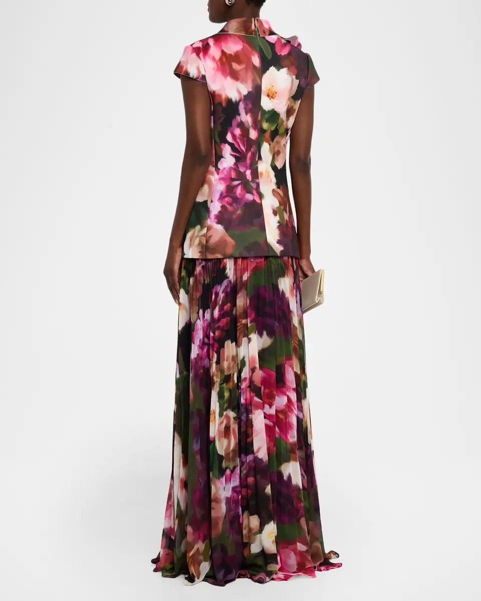 BADGLEY MISCHKA Pleated Floral Cap-Sleeve Gown | Thumbnail 3 BADGLEY MISCHKA Pleated Floral Cap-Sleeve Gown | Thumbnail 3