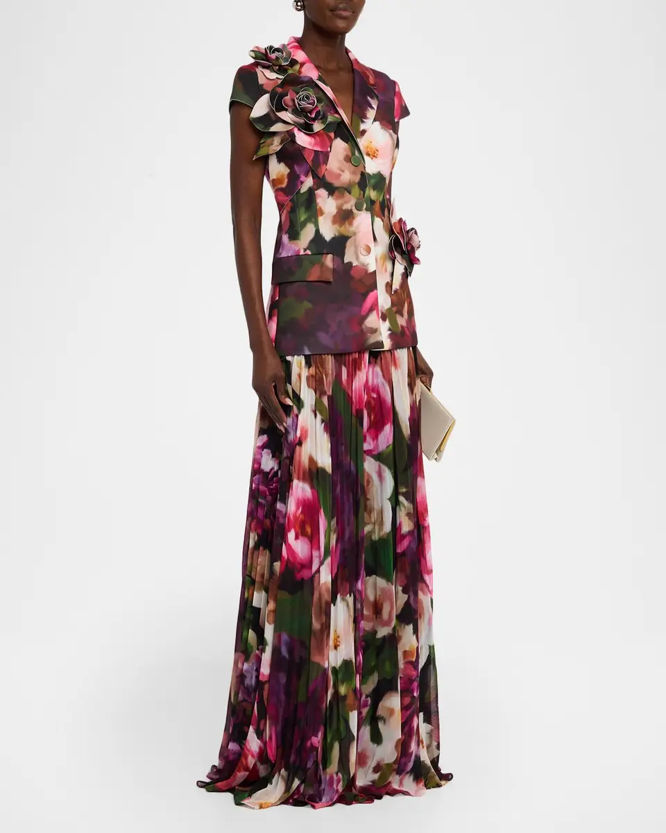 BADGLEY MISCHKA Pleated Floral Cap-Sleeve Gown | Thumbnail 4 BADGLEY MISCHKA Pleated Floral Cap-Sleeve Gown | Thumbnail 4