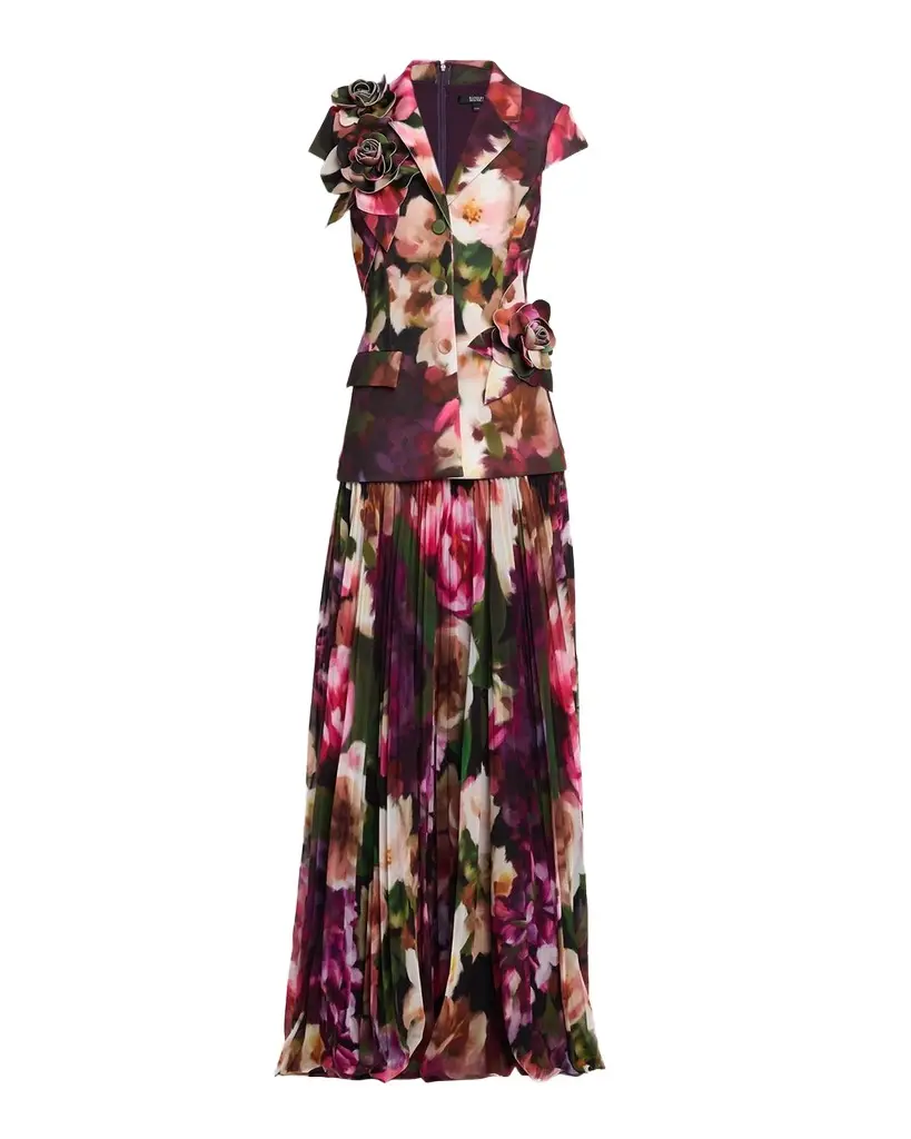 Pleated Floral Cap-Sleeve Gown Pleated Floral Cap-Sleeve Gown