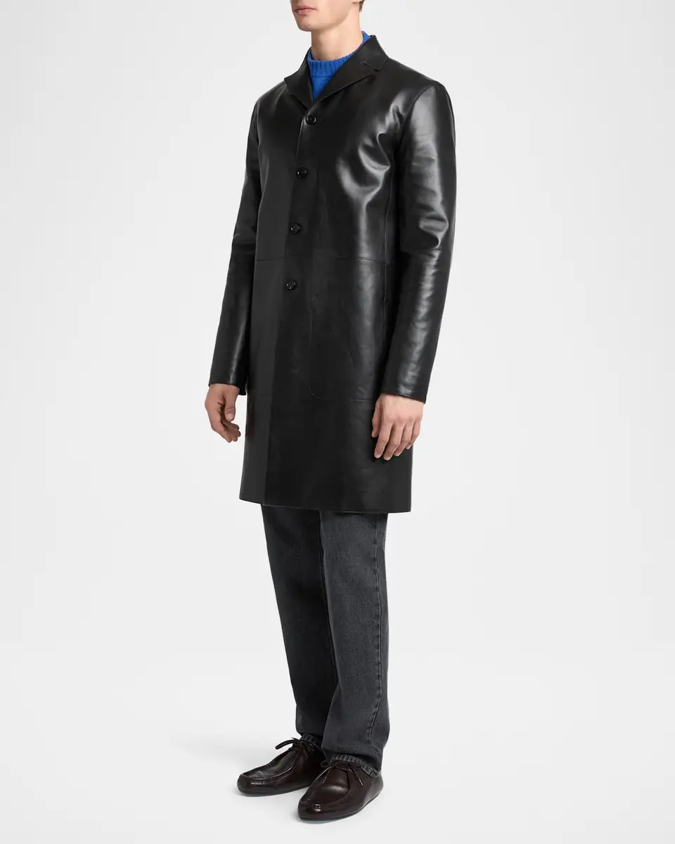 Jil Sander Men's Leather Single-Breasted Long Sport Coat | Thumbnail 4 Jil Sander Men's Leather Single-Breasted Long Sport Coat | Thumbnail 4