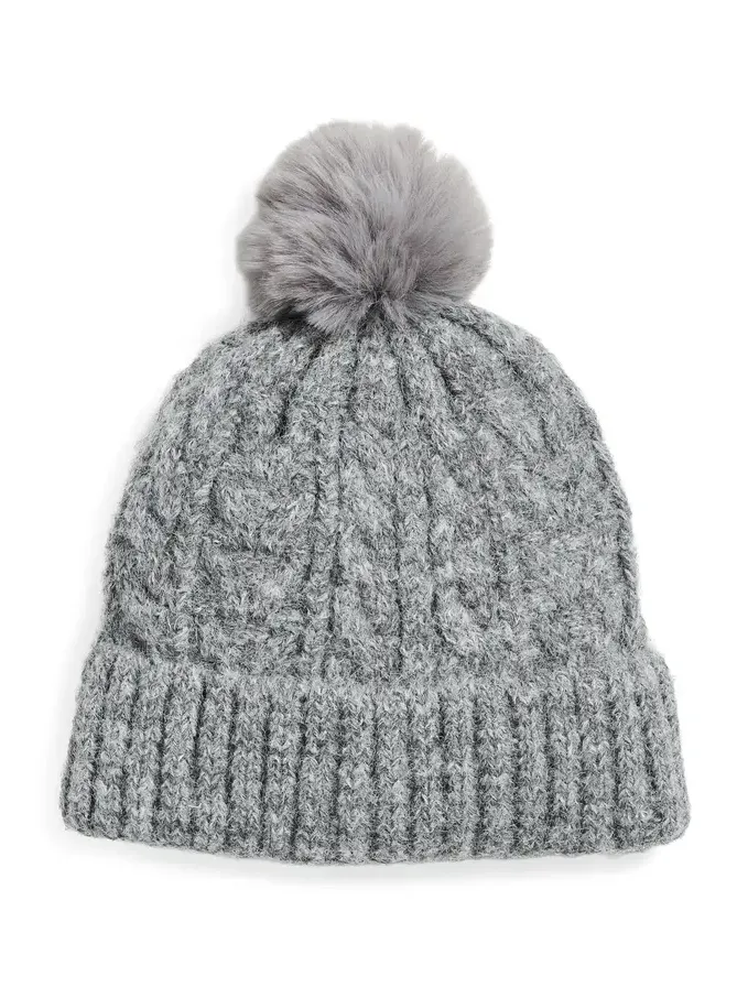 Hat Attack Alpine Cable Beanie With Pom Heather Grey