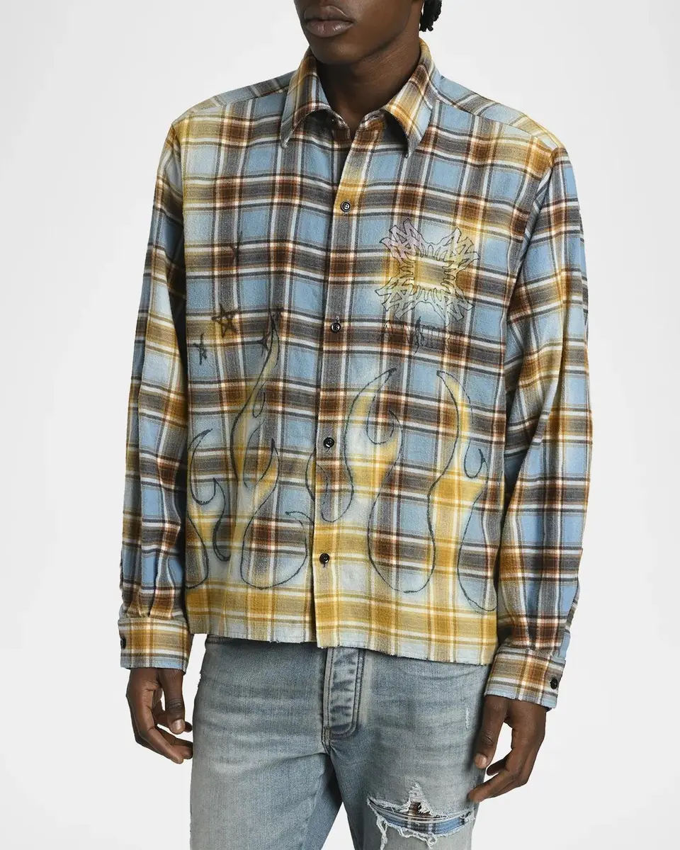 AMIRI Men's Cotton Plaid MA Quad Flames Button-Down Shirt | Thumbnail 4