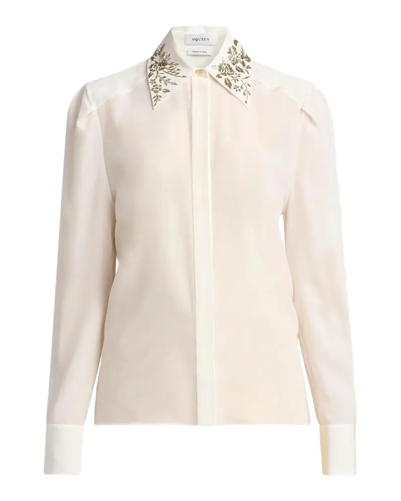 McQueen Embellished Collar Silk Button-Down Shirt | Image 1 McQueen Embellished Collar Silk Button-Down Shirt | Image 1