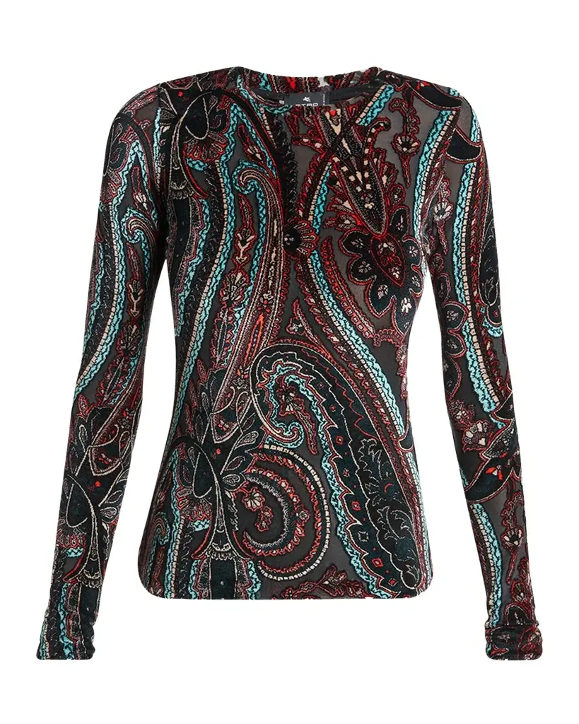 Etro Paisley Velvet Burnout Jersey Long-Sleeve Top