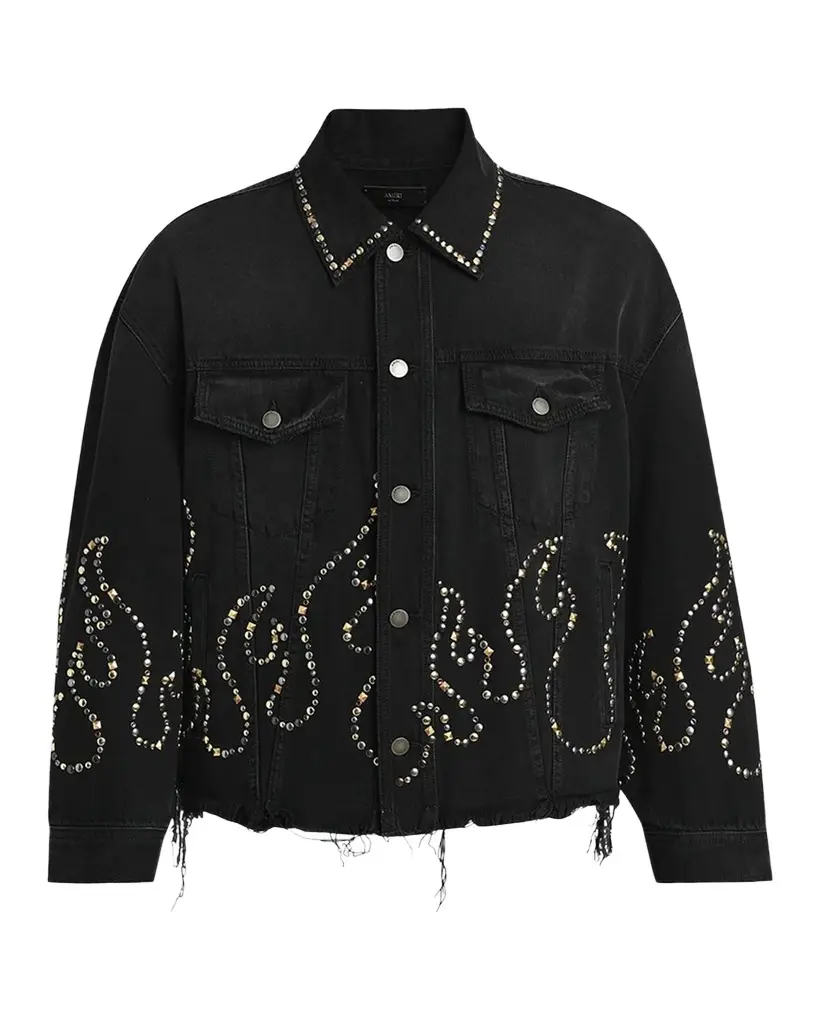AMIRI Men's Oversized Studded Flame Black Denim Jacket | Image 1 AMIRI Men's Oversized Studded Flame Black Denim Jacket | Image 1