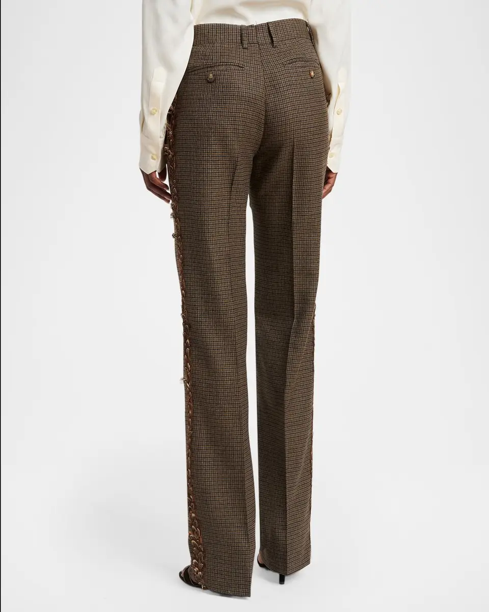 Etro Feather-Trim Check Wool Straight-Leg Trousers | Thumbnail 3 Etro Feather-Trim Check Wool Straight-Leg Trousers | Thumbnail 3